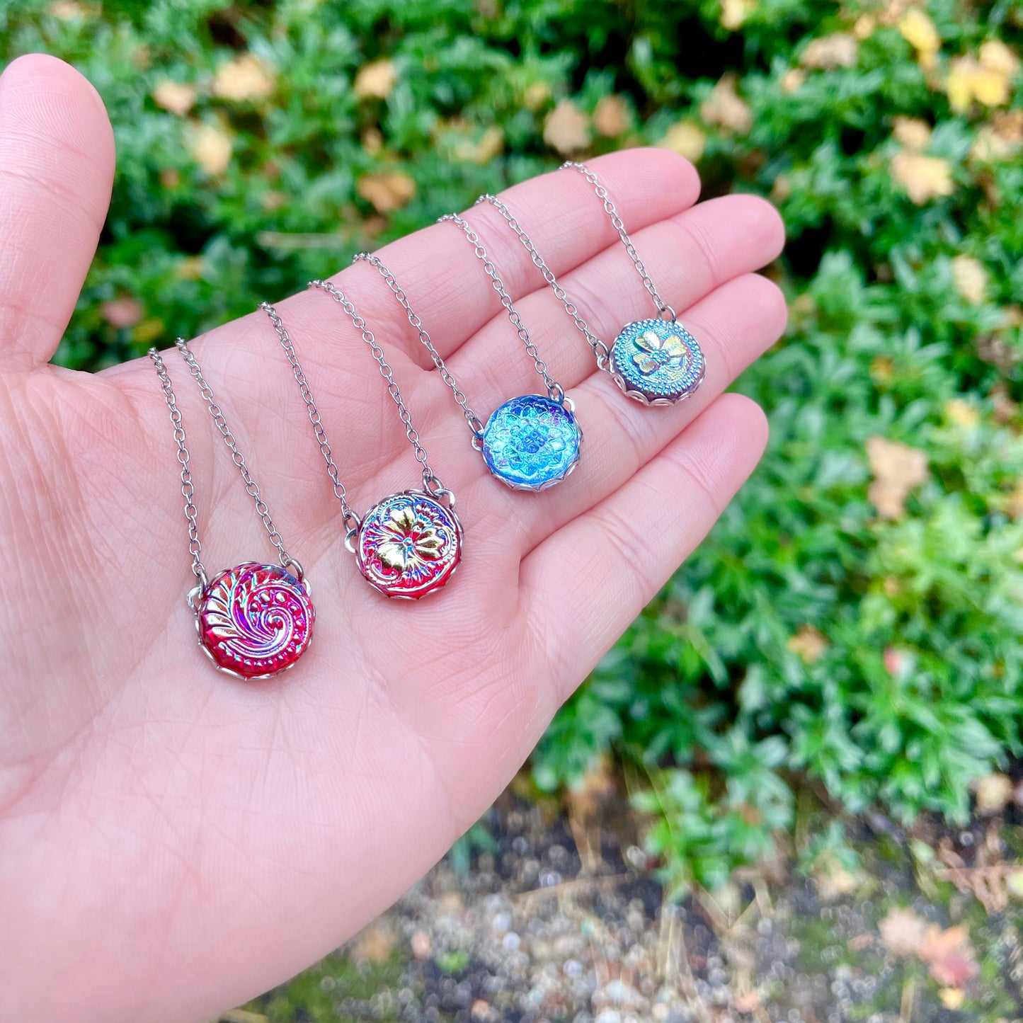 Three Petal Flower Red Glass with Iridescent Yellow Green Blue Czech Glass Button Necklace