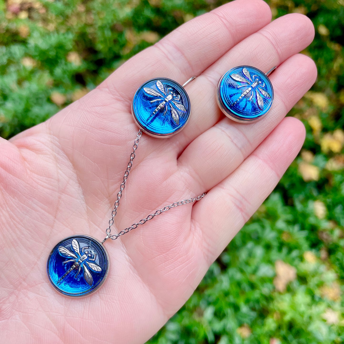 Blue and Silver Dragonfly Czech Glass Button Necklace and Earrings Gift Set