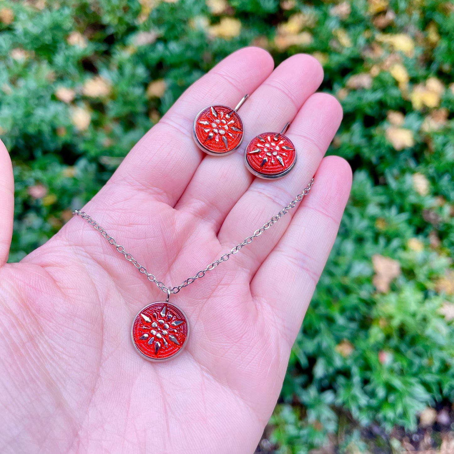 Red and Silver Star Czech Glass Button Necklace and Earrings Gift Set