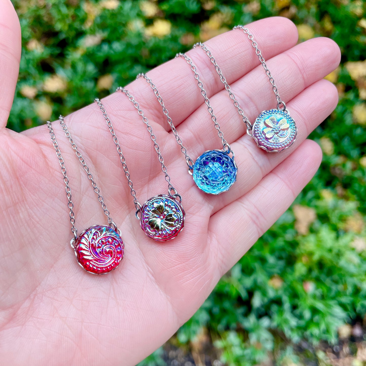 Three Petal Flower Red Glass with Iridescent Yellow Green Blue Czech Glass Button Necklace
