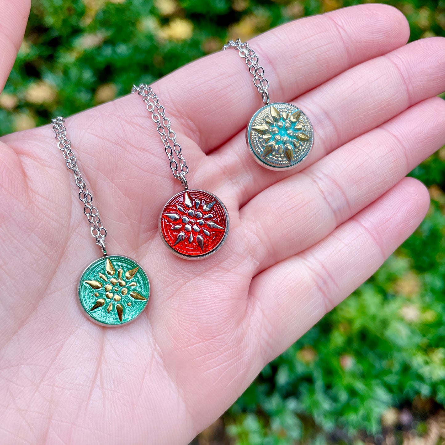 Red and Silver Star Czech Glass Button Necklace and Earrings Gift Set