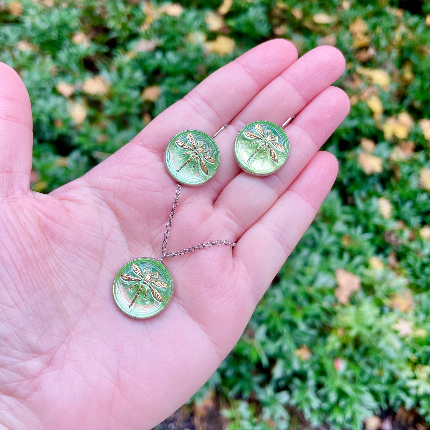 Yellow-Green Vaseline and Gold Dragonfly Uranium Glass Button Necklace and Earrings Gift Set