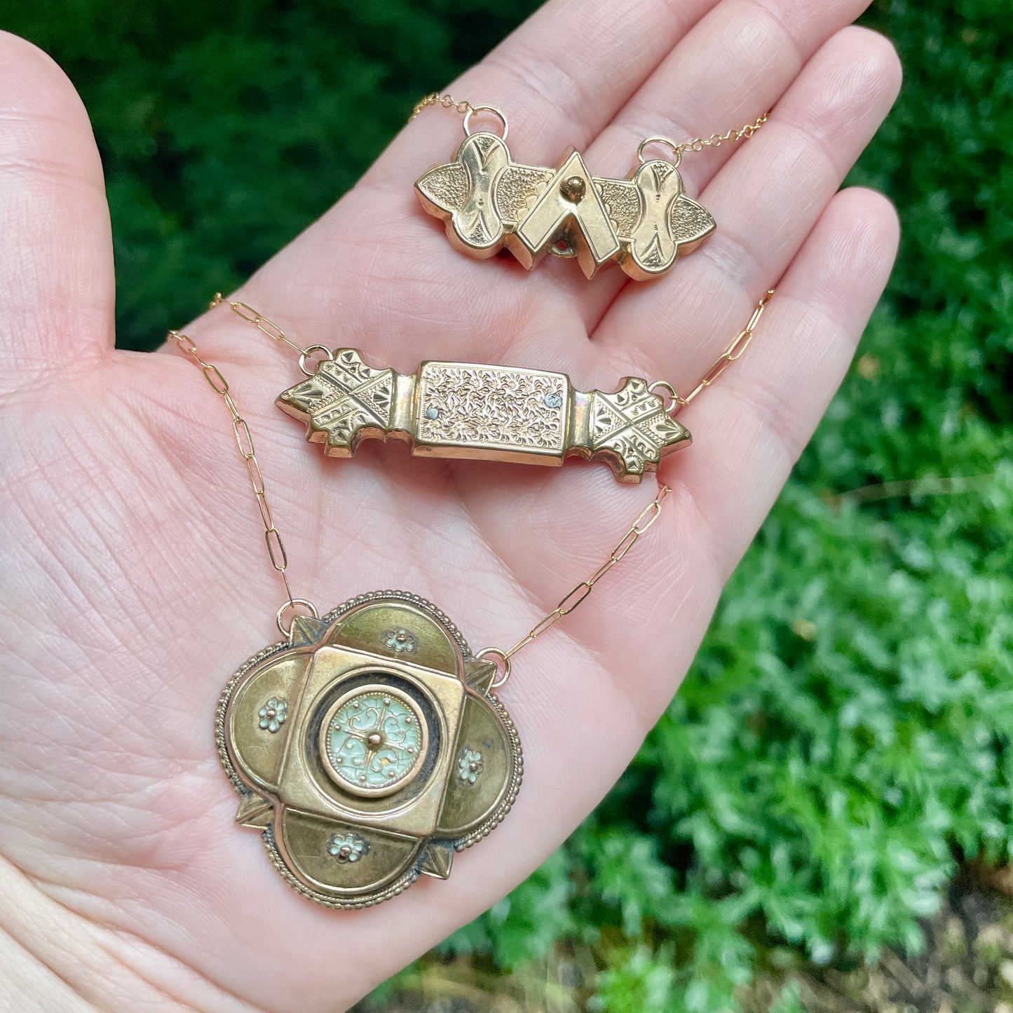 10k Gold Enamel Stained Glass Window Brooch Necklace