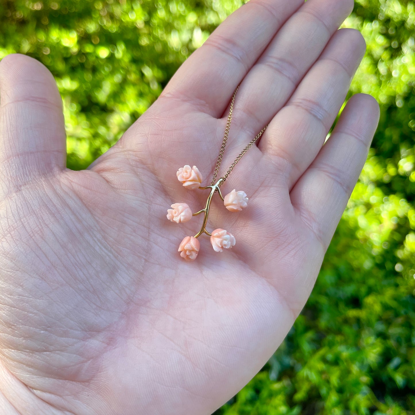Antique Peach and Angelskin Carved Rose Necklace