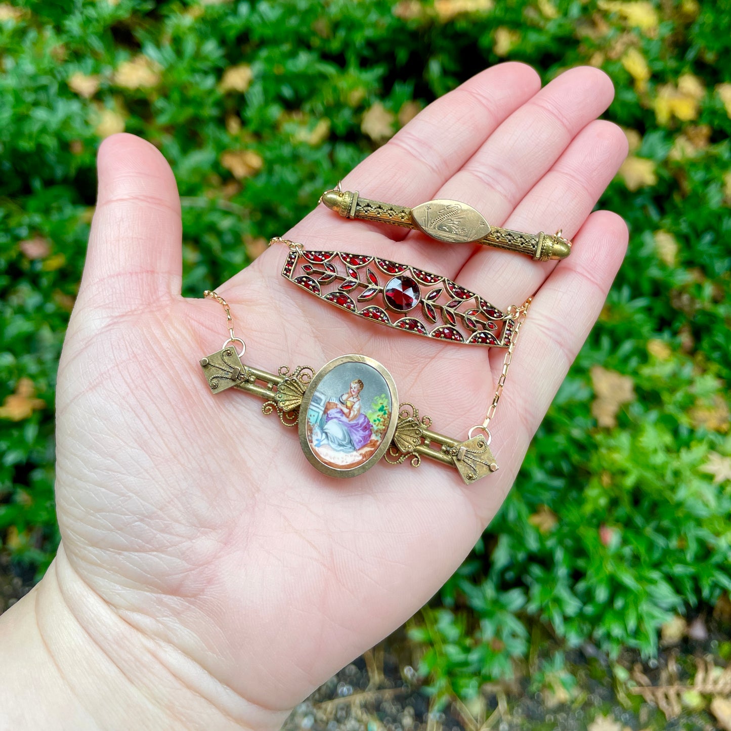 Antique Bohemian Pyrope Garnet Bar Pin Necklace