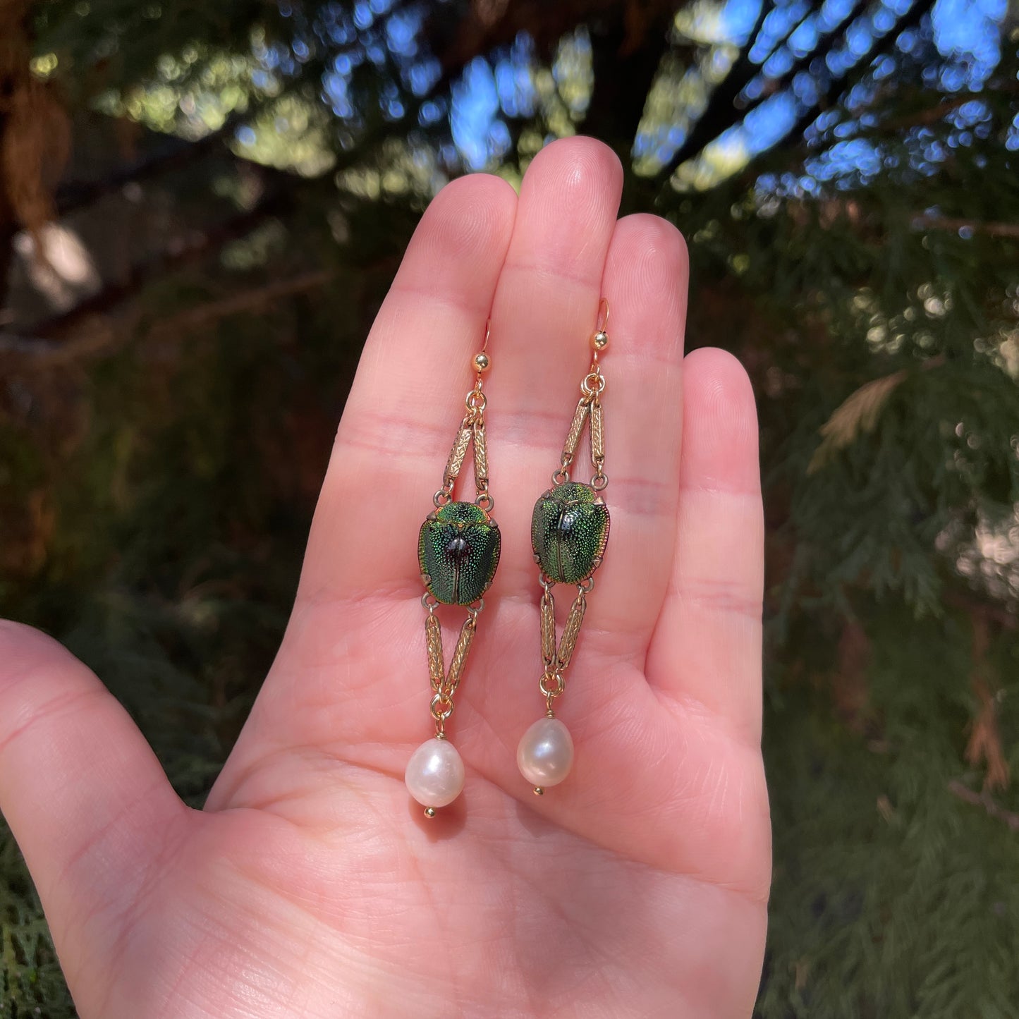 Antique Scarab Beetle Watch Chain Pearl Earrings