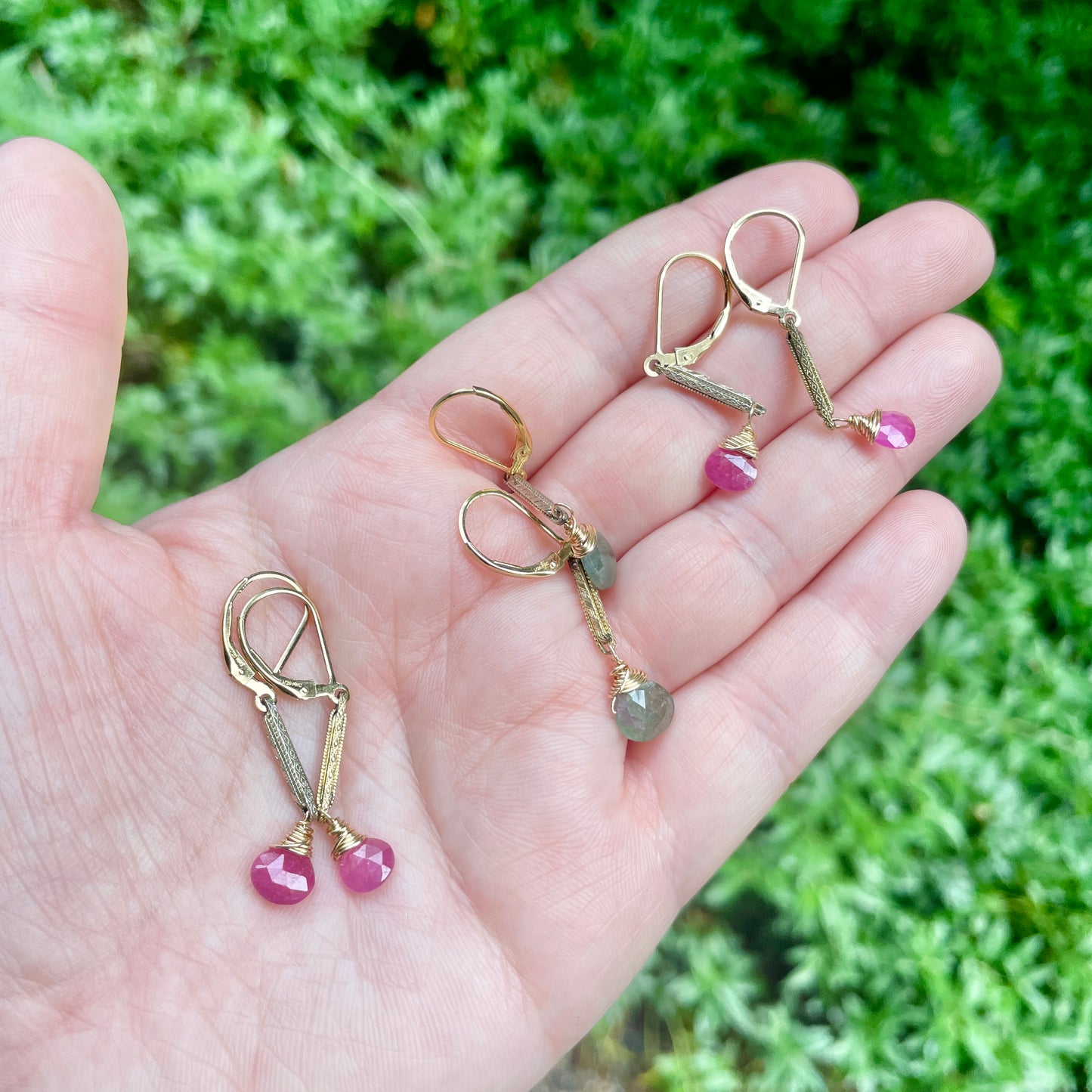 Antique Watch Chain Moss Aquamarine Drop Earrings