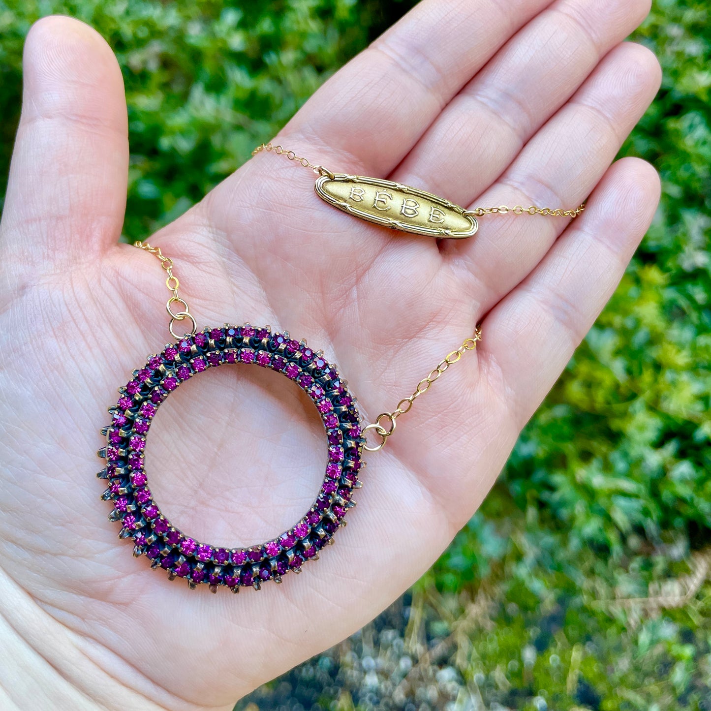 Vintage PINK Rhinestone Circle Necklace