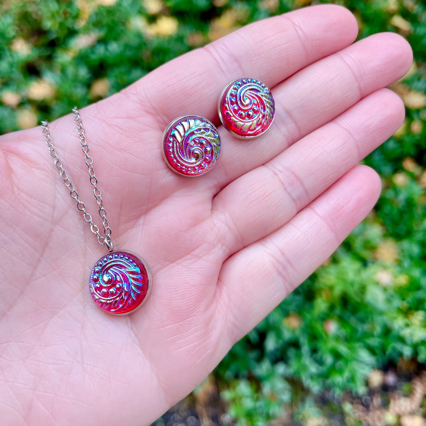 Red Glass with Iridescent Ocean Swirl Czech Glass Button Necklace and Earrings Gift Set