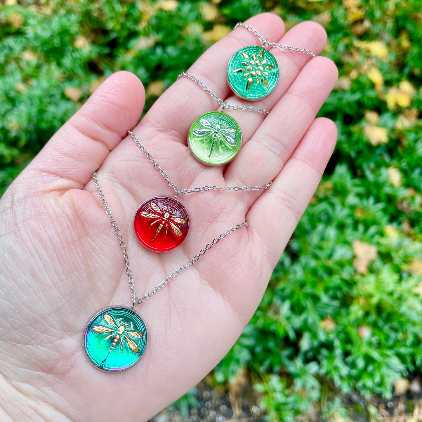 Red and Gold Dragonfly Czech Glass Button Necklace