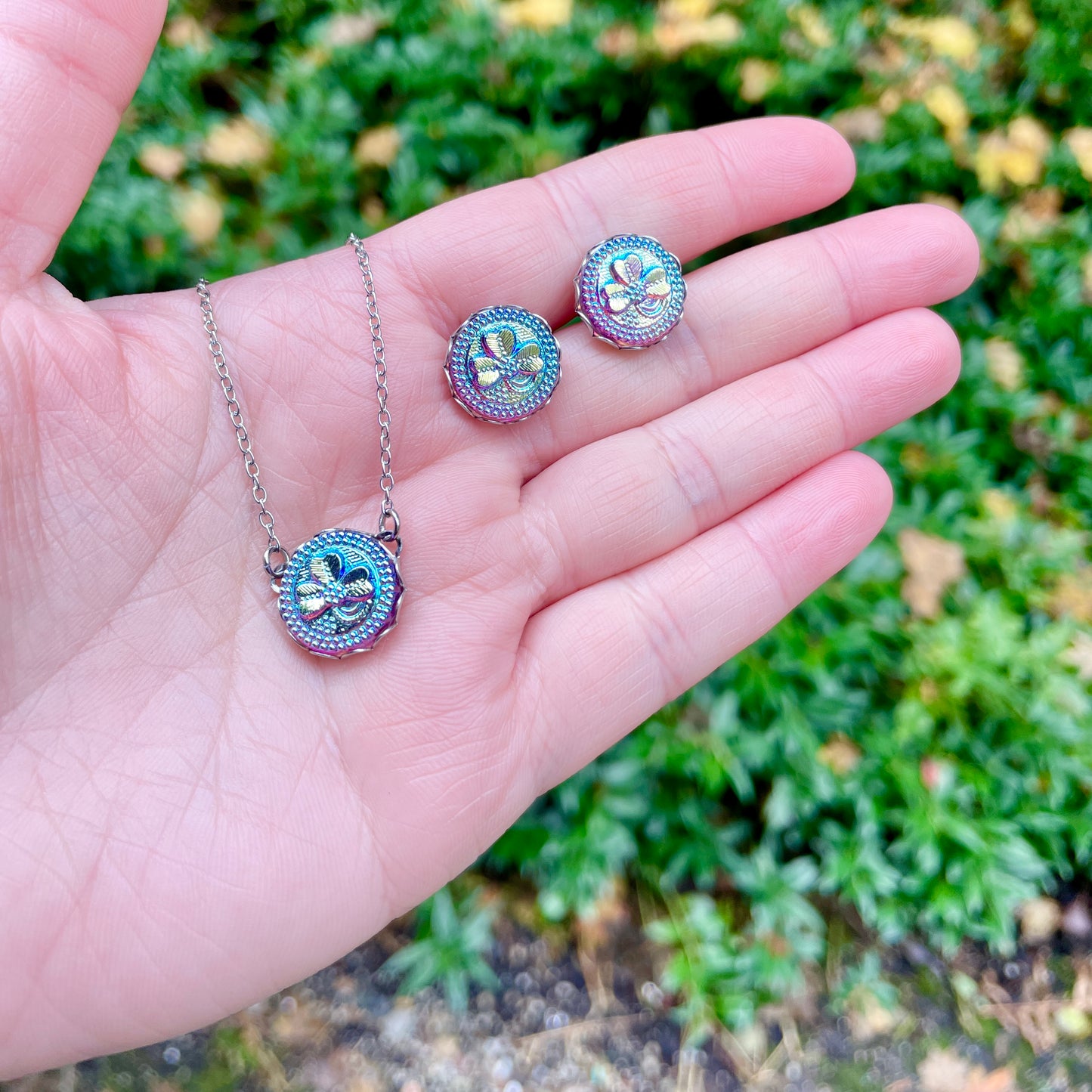 Red Glass and Iridescent Clover Czech Glass Button Necklace and Earrings Gift Set