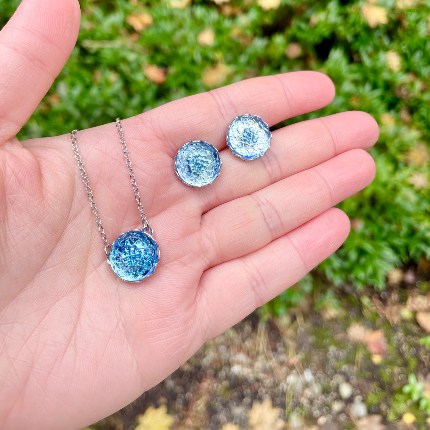 Blue Depths Czech Glass Button Necklace and Earrings Gift Set