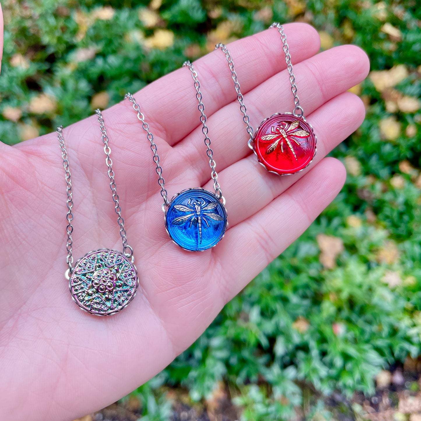 Red and Gold Dragonfly Czech Glass Button Necklace