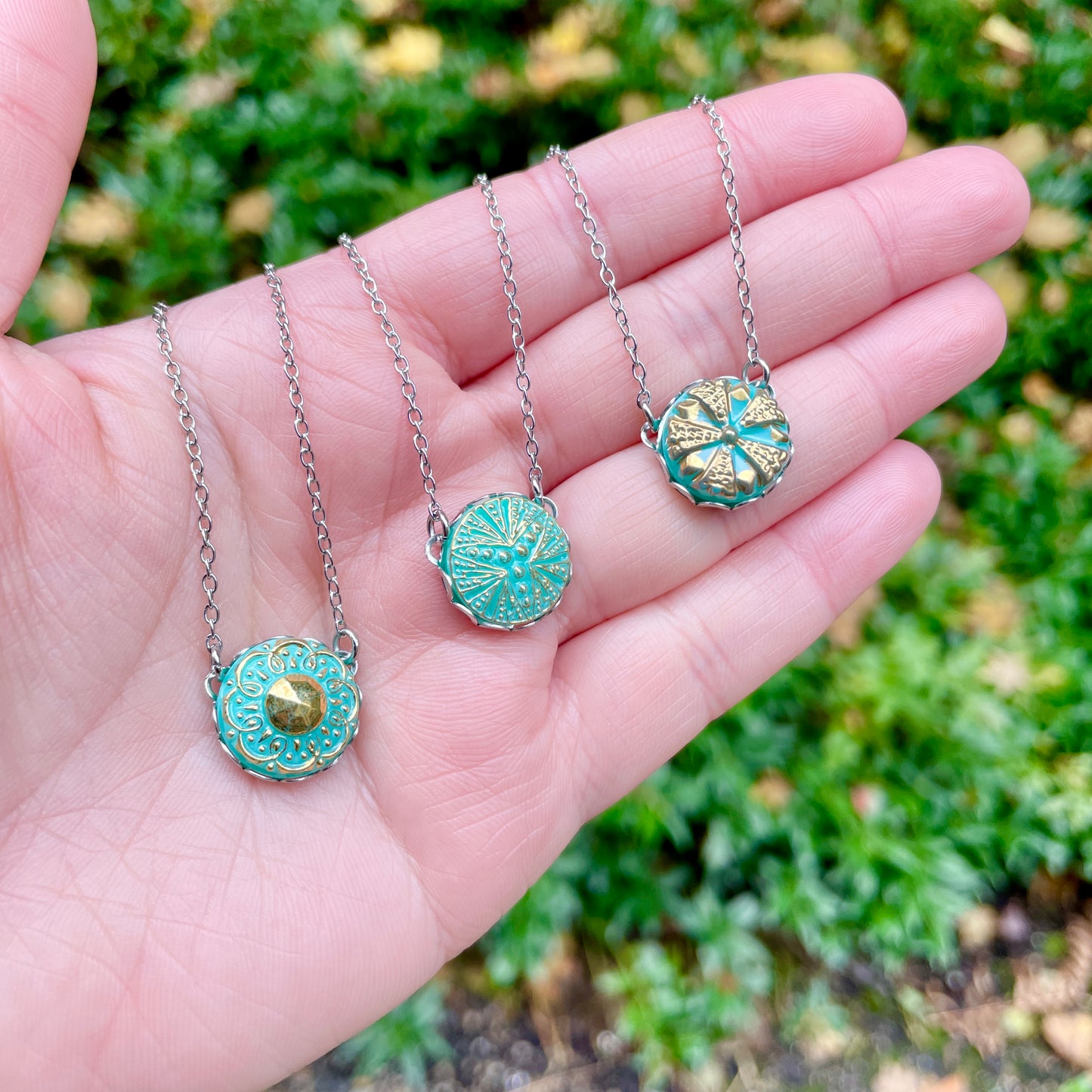 Turquoise and Gold 8 Petal Floral Jadeite Uranium Glass Button Necklace