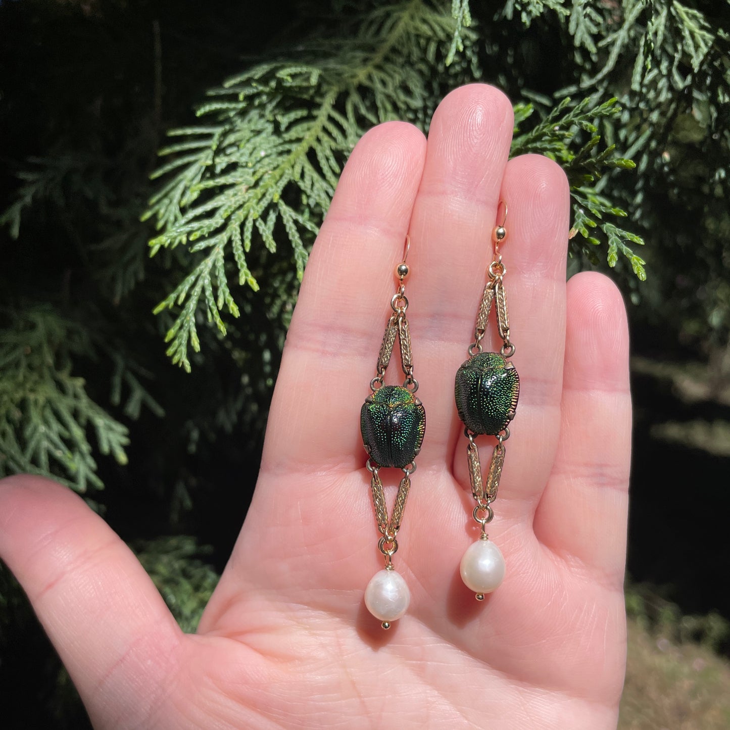 Antique Scarab Beetle Watch Chain Pearl Earrings