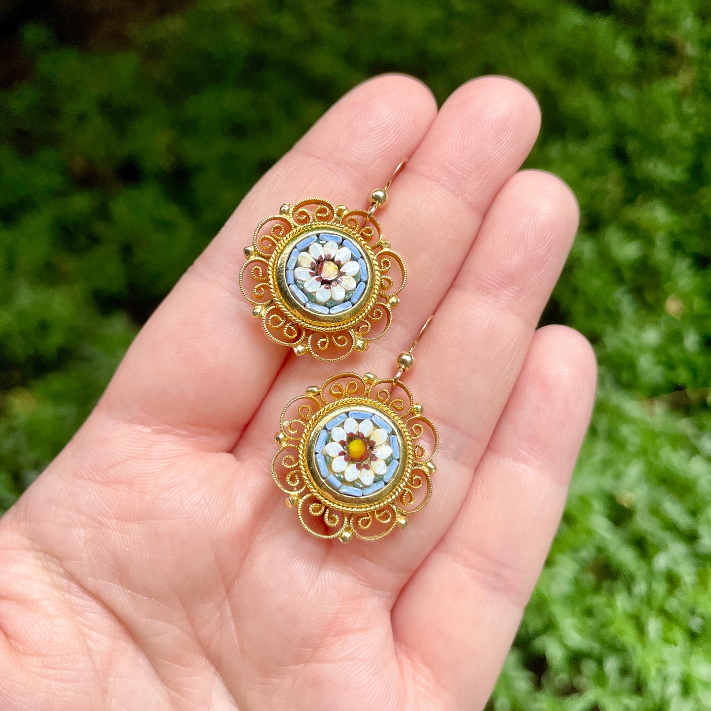 Blue and White Flower Italian Micro Mosaic Earrings