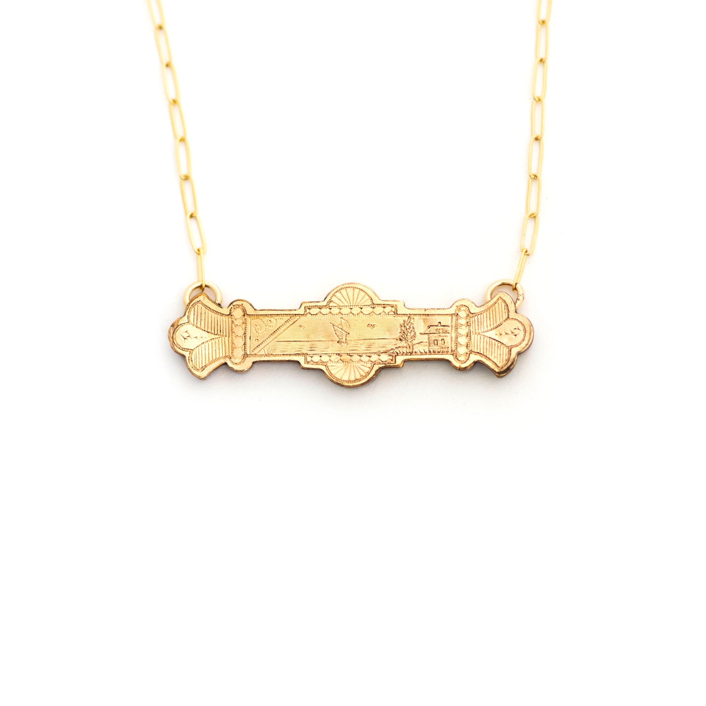 Ship Sailing on the Coast Antique Landscape Bar Necklace. Gold filled Victorian bar pin pendant from the late 1800s with hand engraved landscape details.