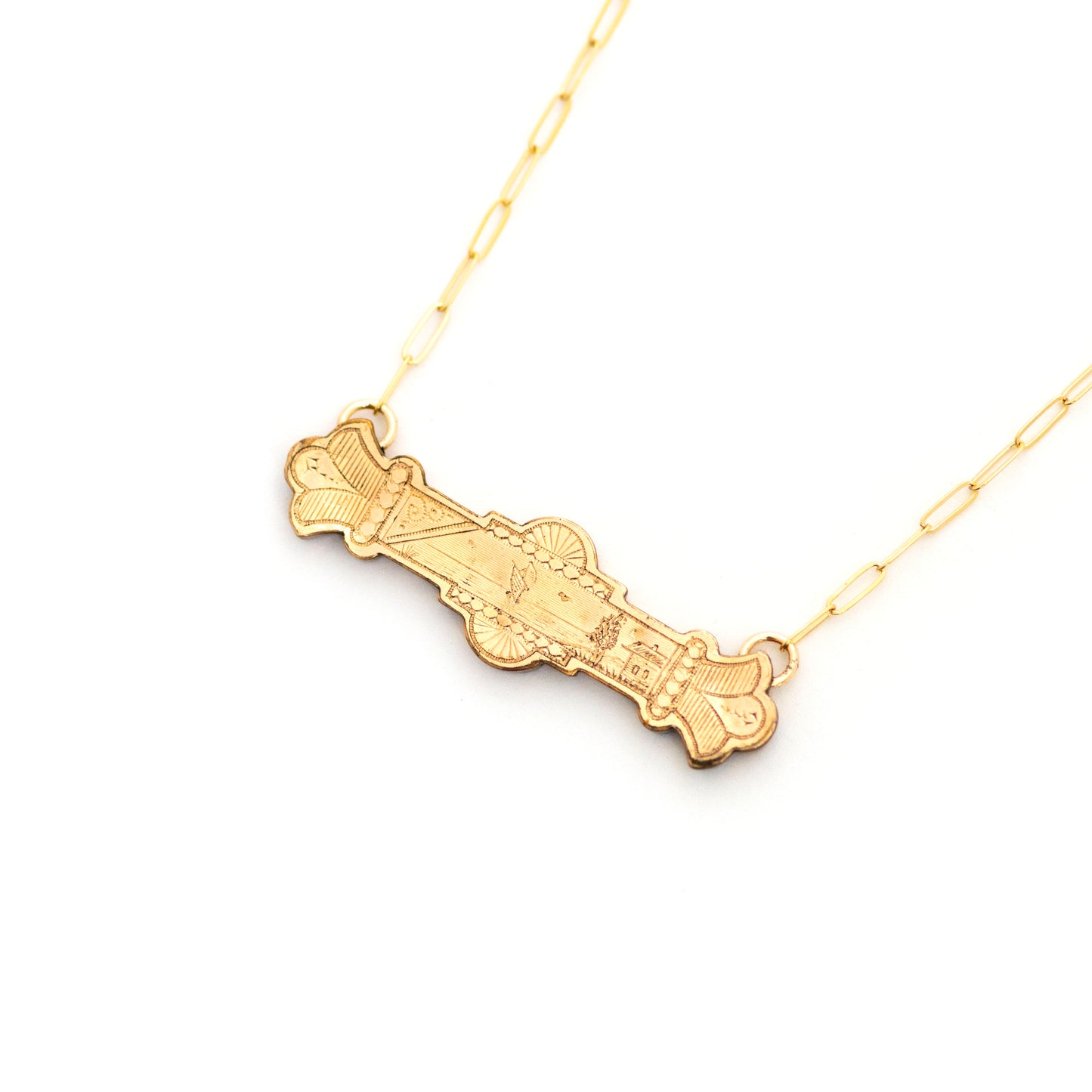 Ship Sailing on the Coast Antique Landscape Bar Necklace. Gold filled Victorian bar pin pendant from the late 1800s with hand engraved landscape details.