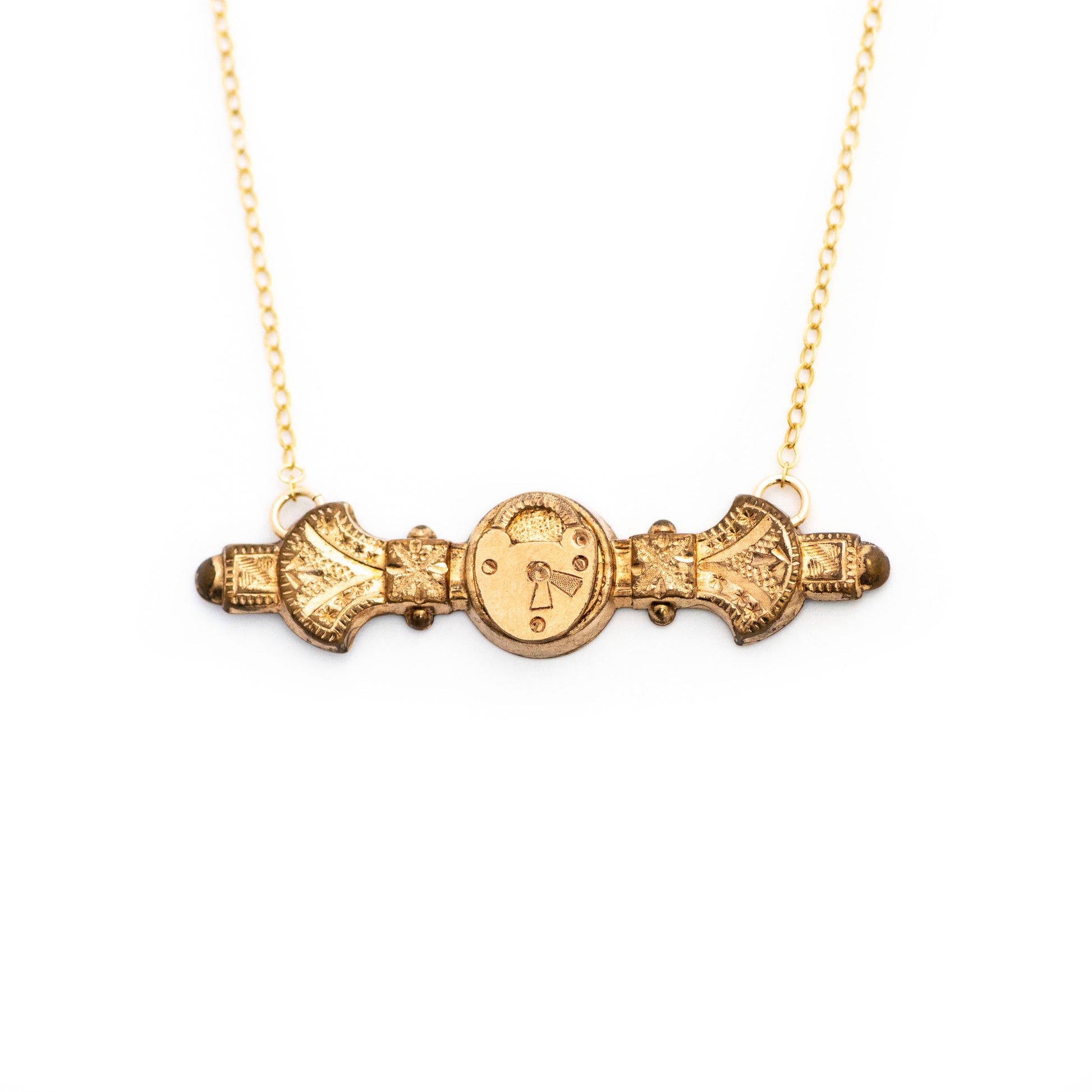 Victorian padlock antique bar necklace. Gold filled Edwardian bar pin pendant from the early 1900s with hand engraved details.