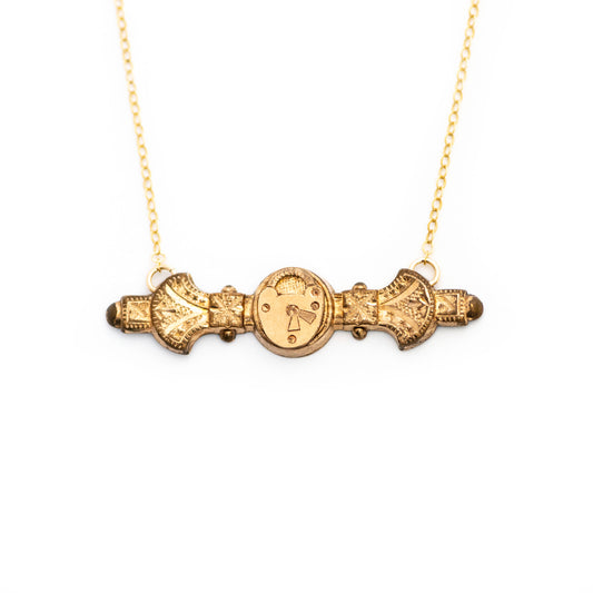 Victorian padlock antique bar necklace. Gold filled Edwardian bar pin pendant from the early 1900s with hand engraved details.