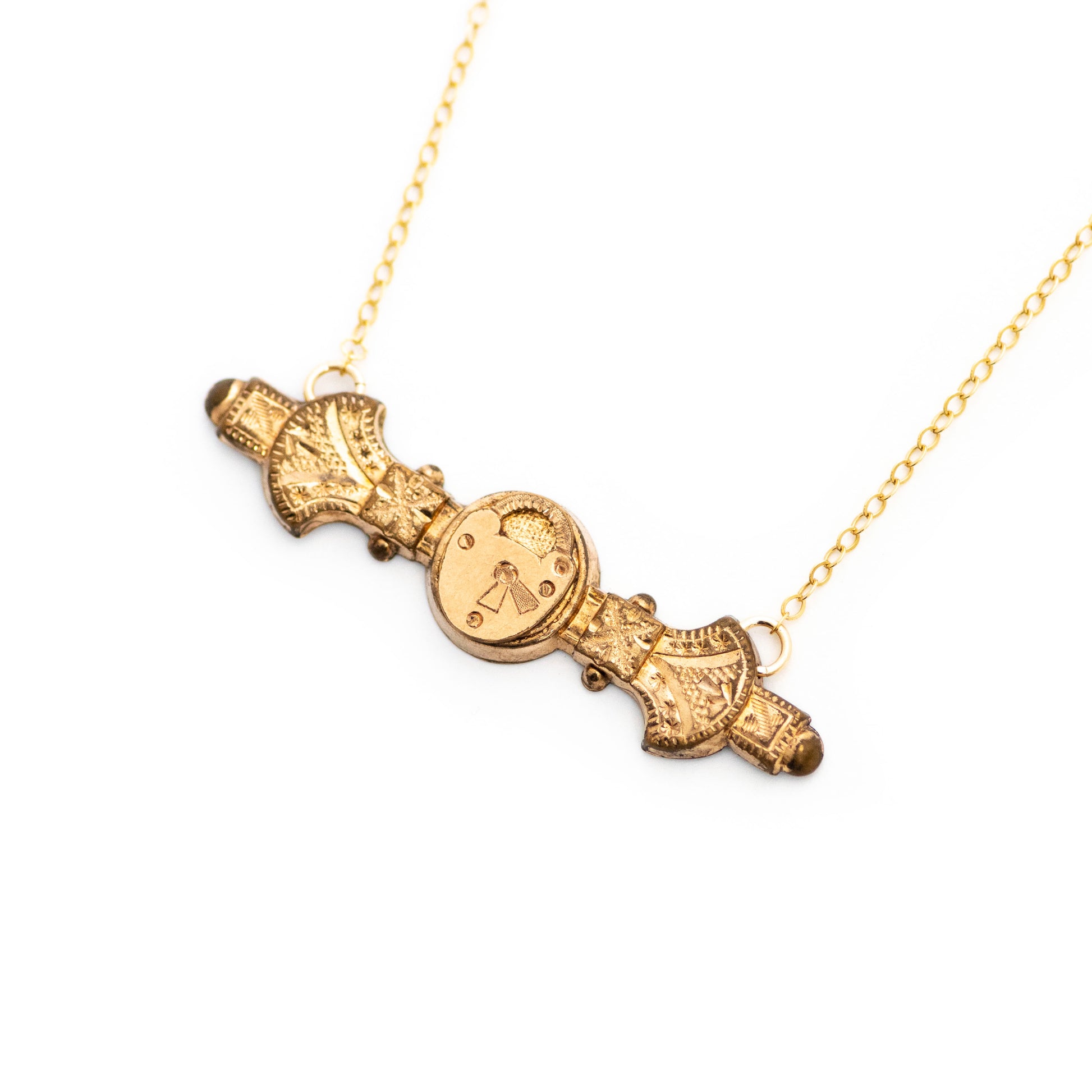 Victorian padlock antique bar necklace. Gold filled Edwardian bar pin pendant from the early 1900s with hand engraved details.
