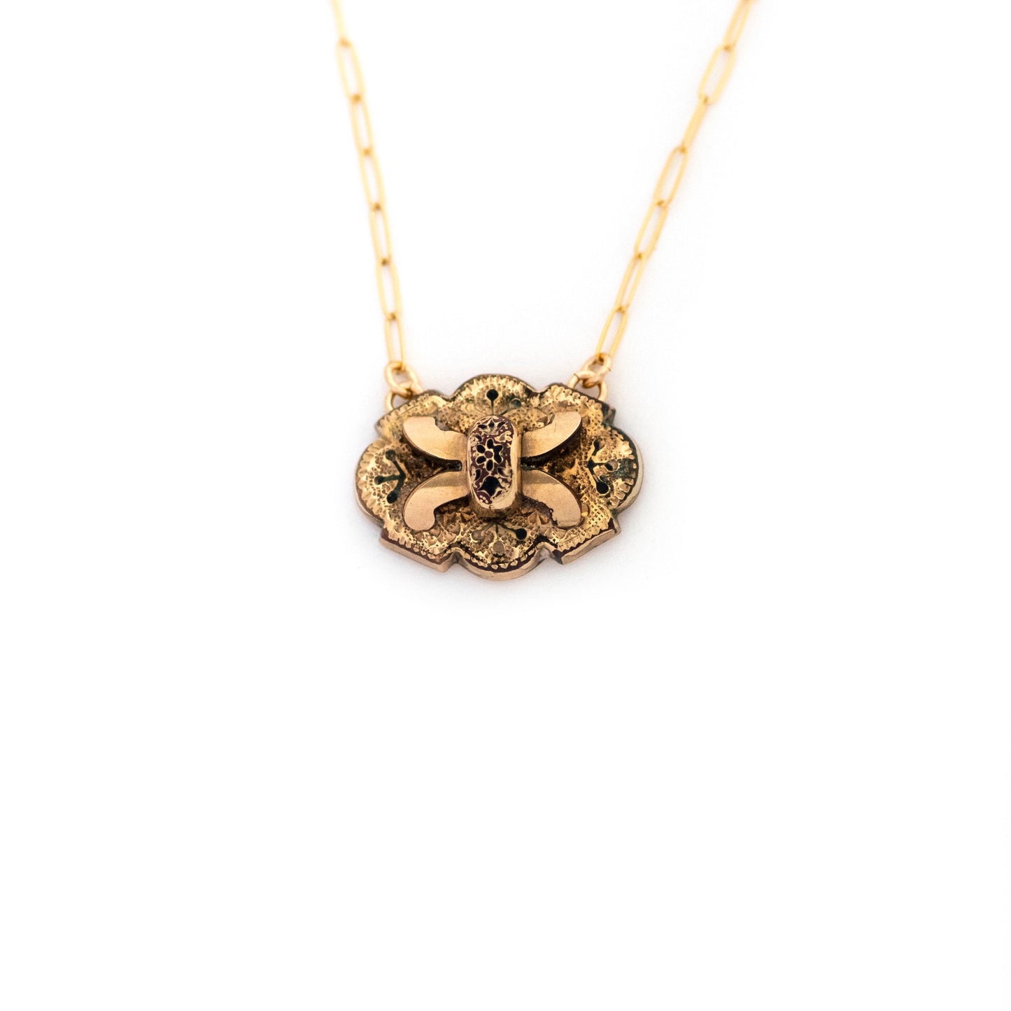 X Flower Buckle Black Enamel Antique Necklace