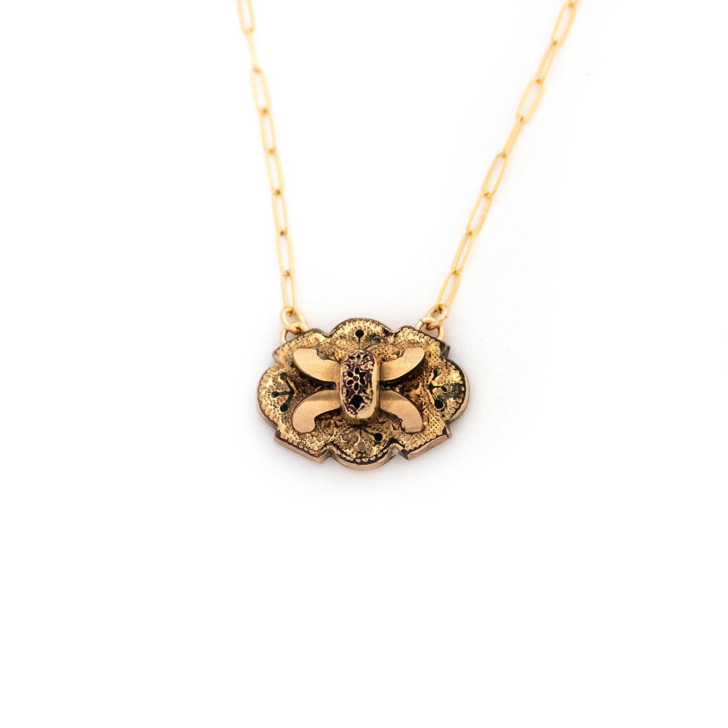 X Flower Buckle Black Enamel Antique Necklace