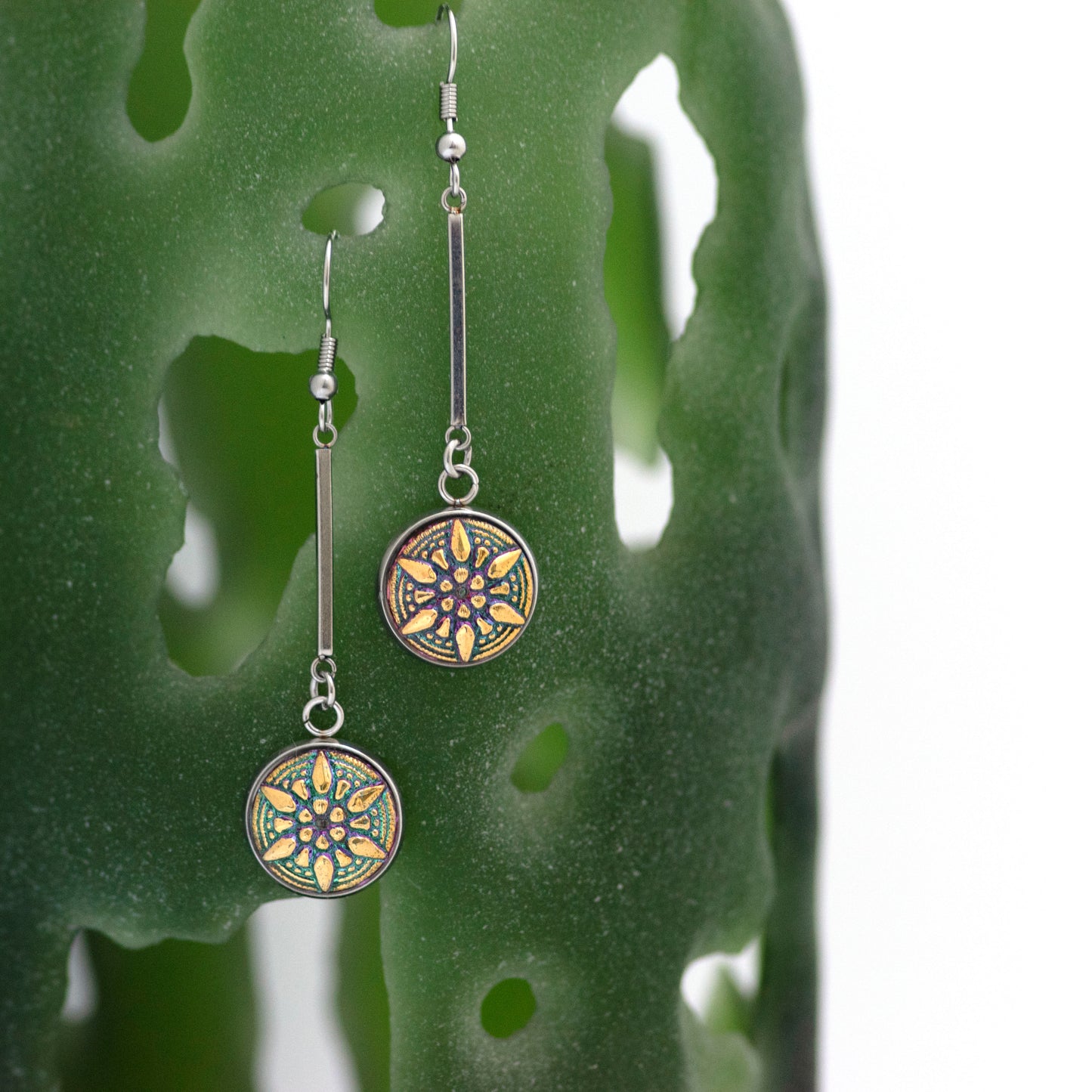 Green and gold star glass buttons. Drop dangle Czech glass button earrings.