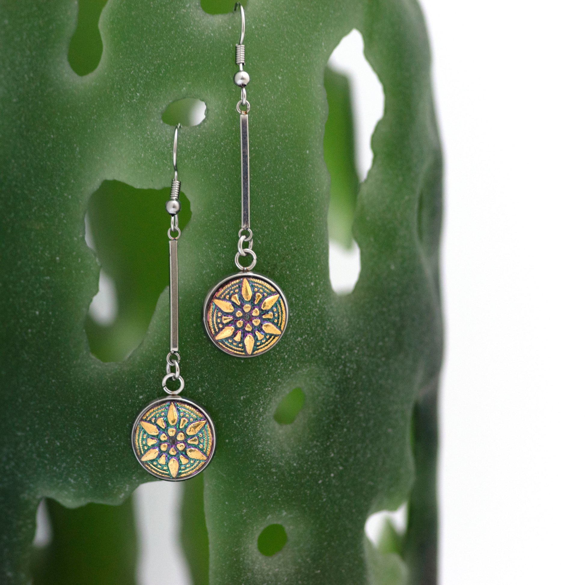 Green and gold star glass buttons. Drop dangle Czech glass button earrings. 