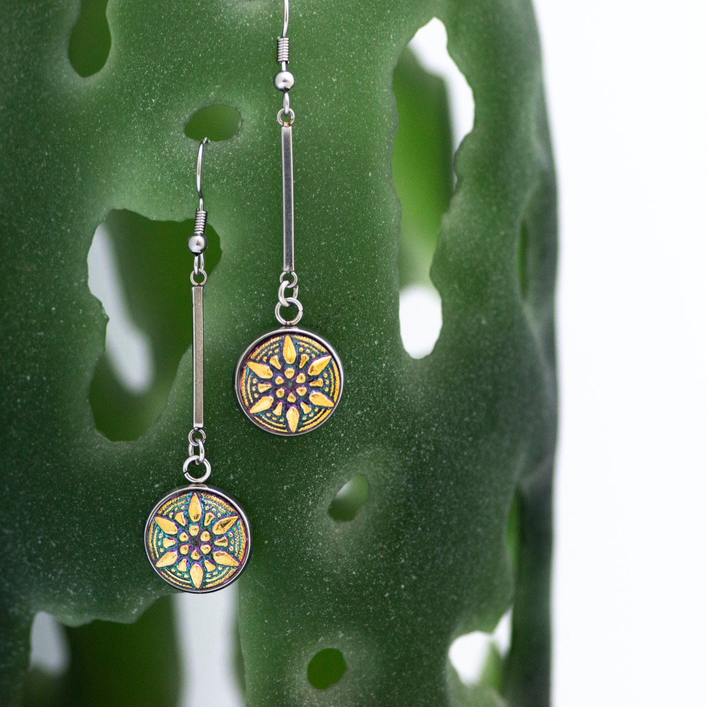 Green and gold star glass buttons. Drop dangle Czech glass button earrings.