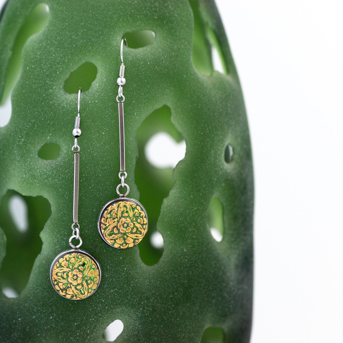Czech Glass Button Earrings - Green & Gold Floral Bar Dangle