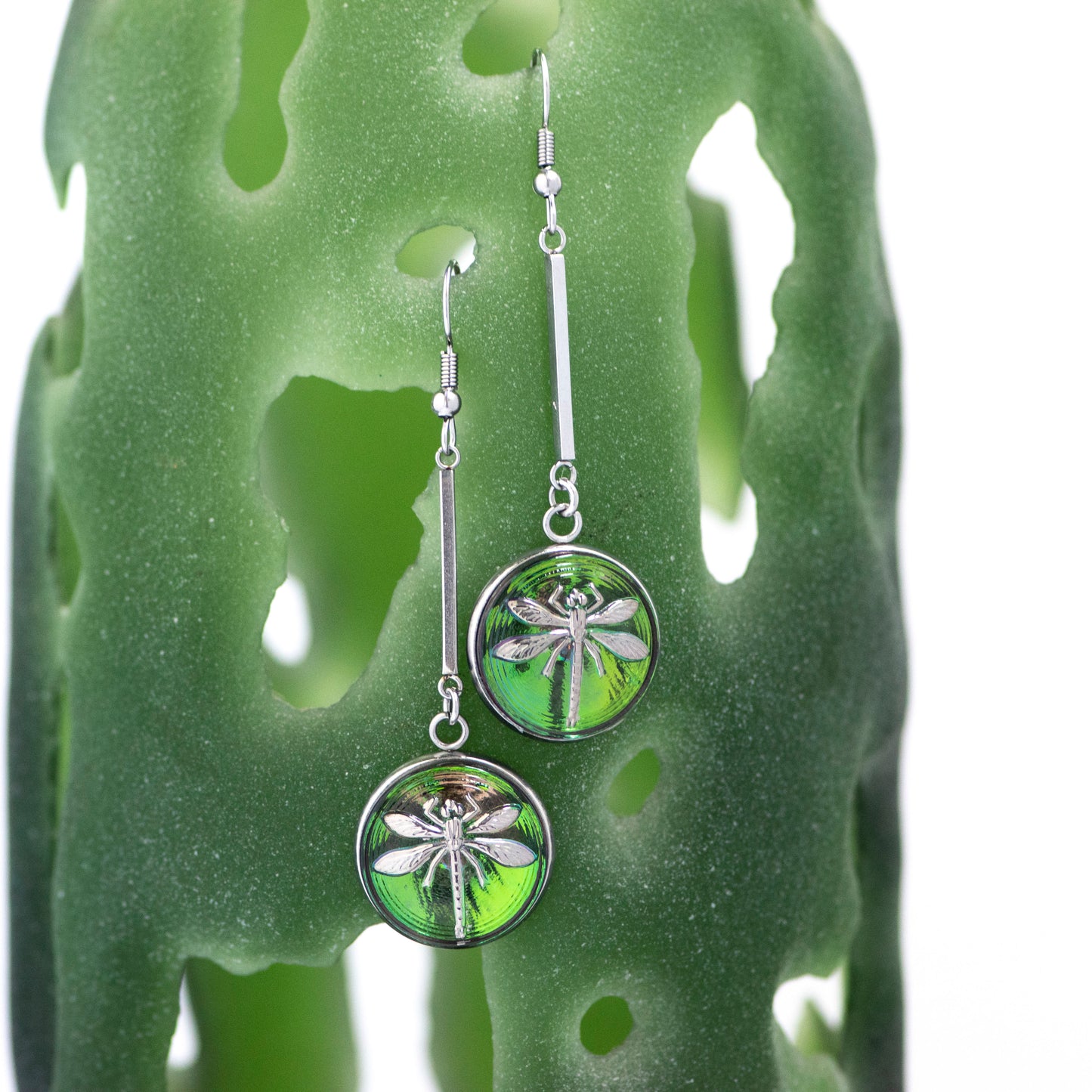 Green and platinum painted Czech glass buttons drop dangle earrings.
