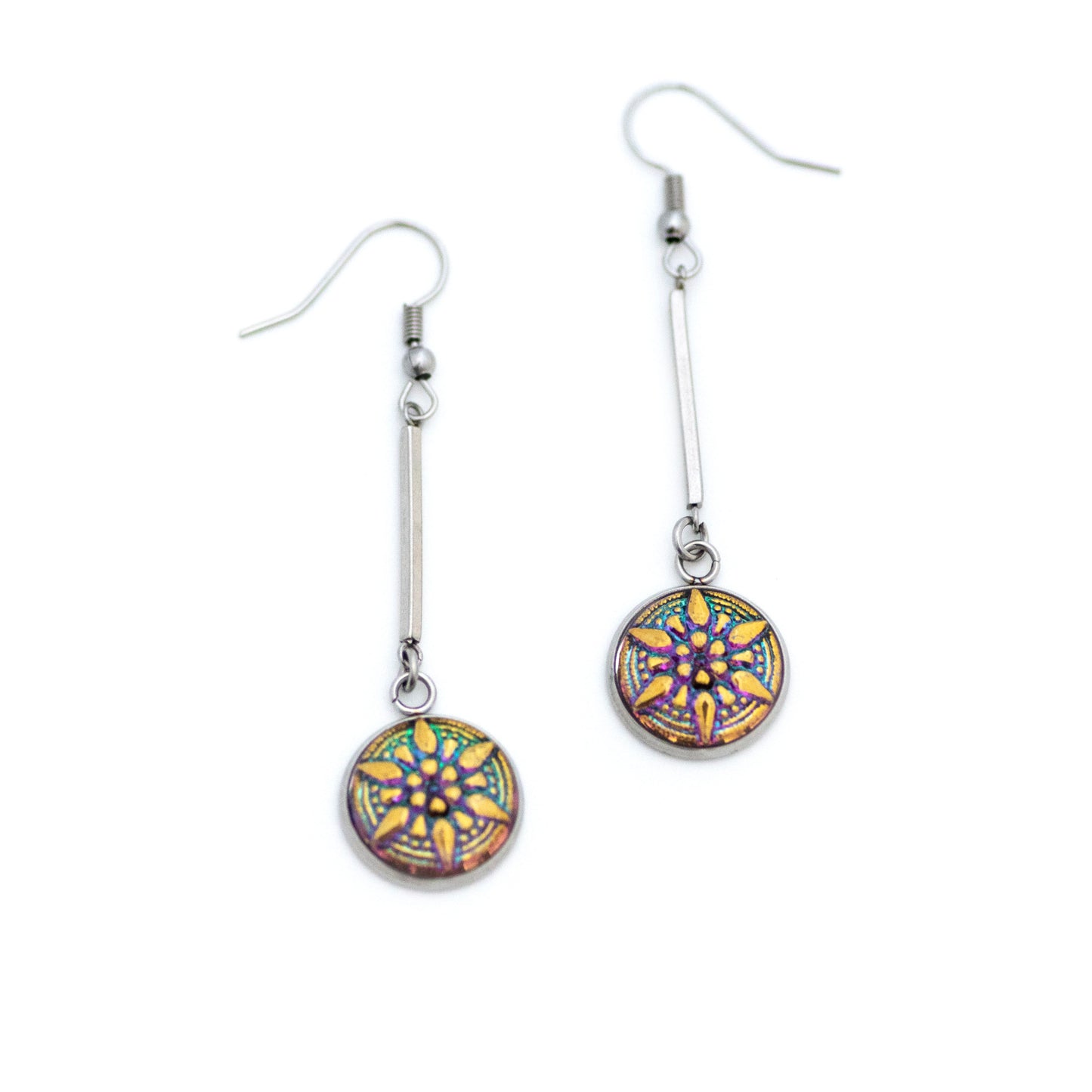 Green and gold star glass buttons. Drop dangle earrings.
