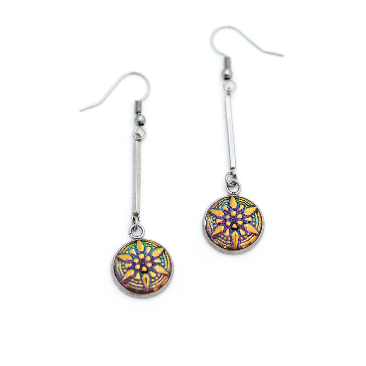 Green and gold star glass buttons. Drop dangle earrings.