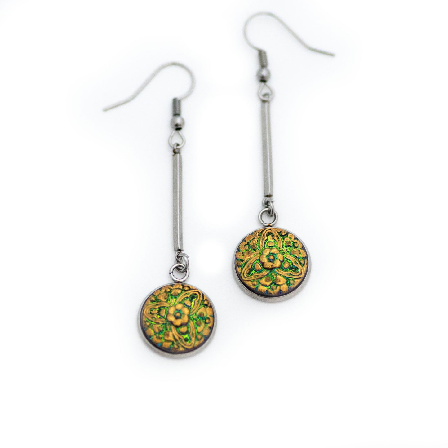 Czech Glass Button Earrings - Green & Gold Floral Bar Dangle