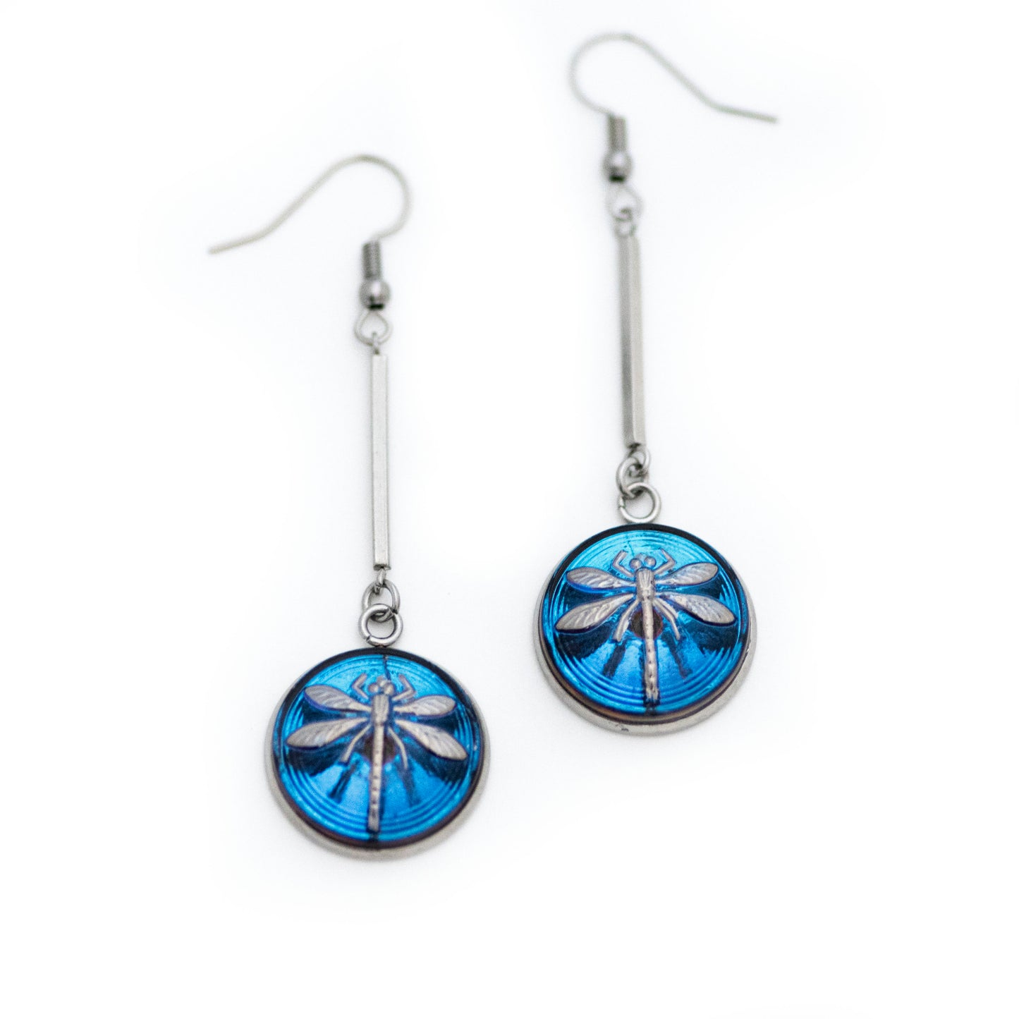 Blue and platinum painted Czech glass button drop dangle earrings.