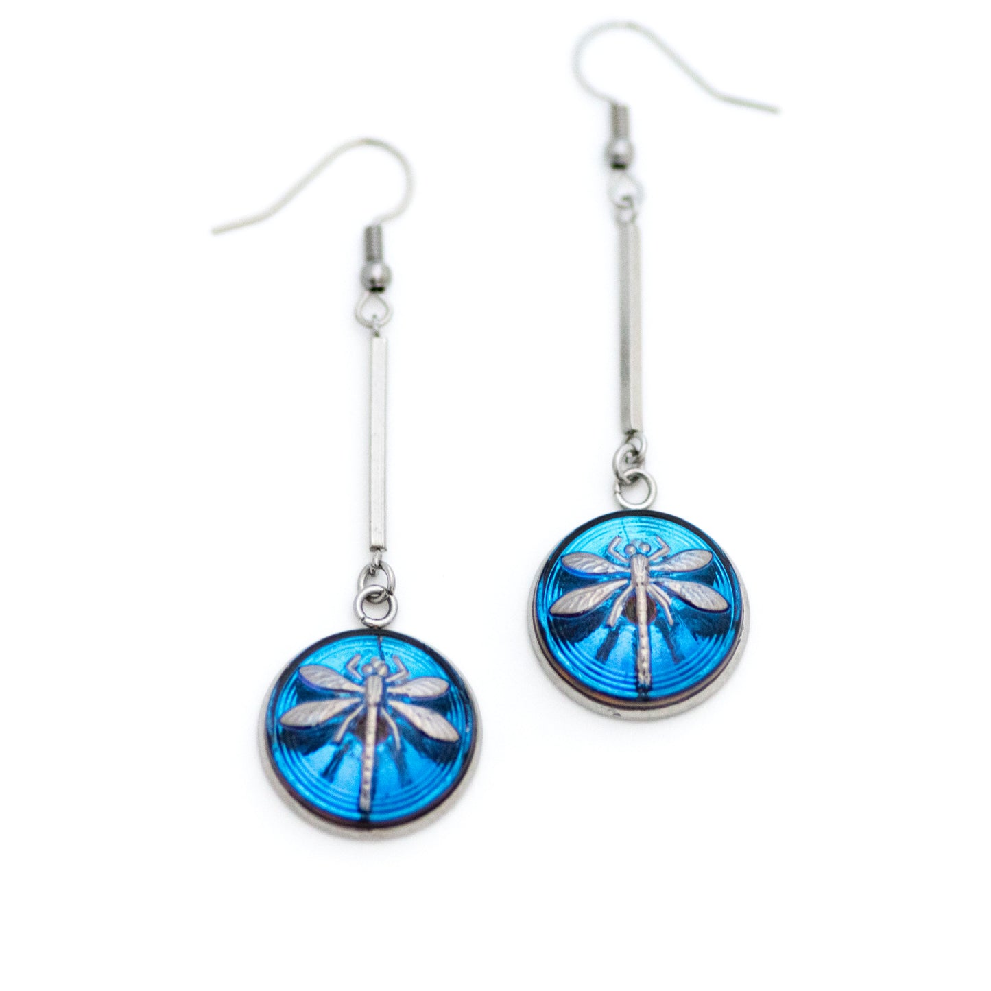 Blue and platinum painted Czech glass button drop dangle earrings.