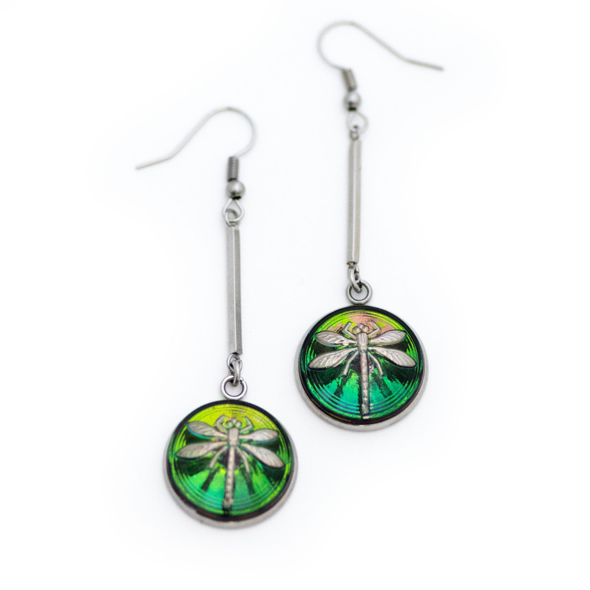 Green and platinum painted Czech glass buttons drop dangle earrings.
