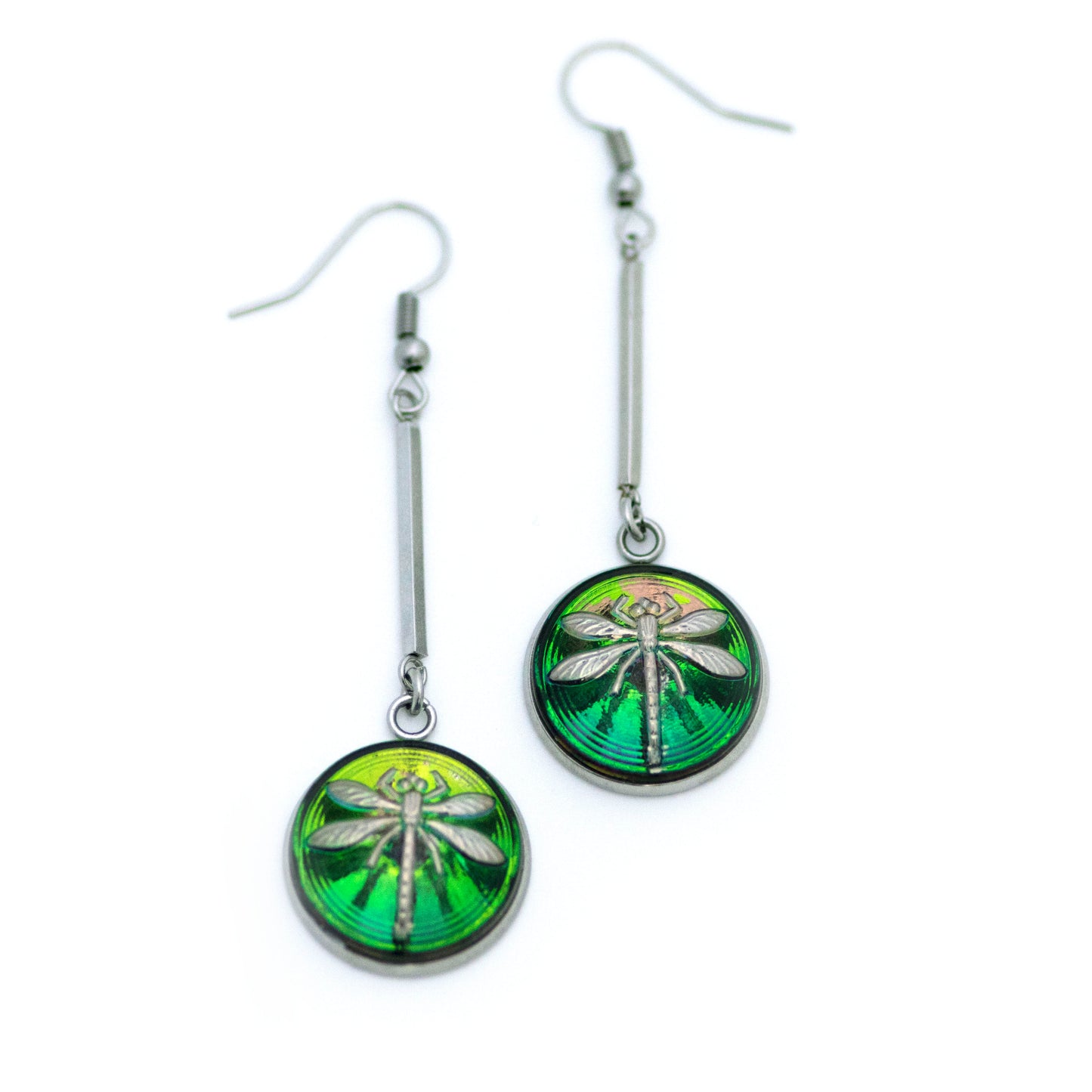 Green and platinum painted Czech glass buttons drop dangle earrings.