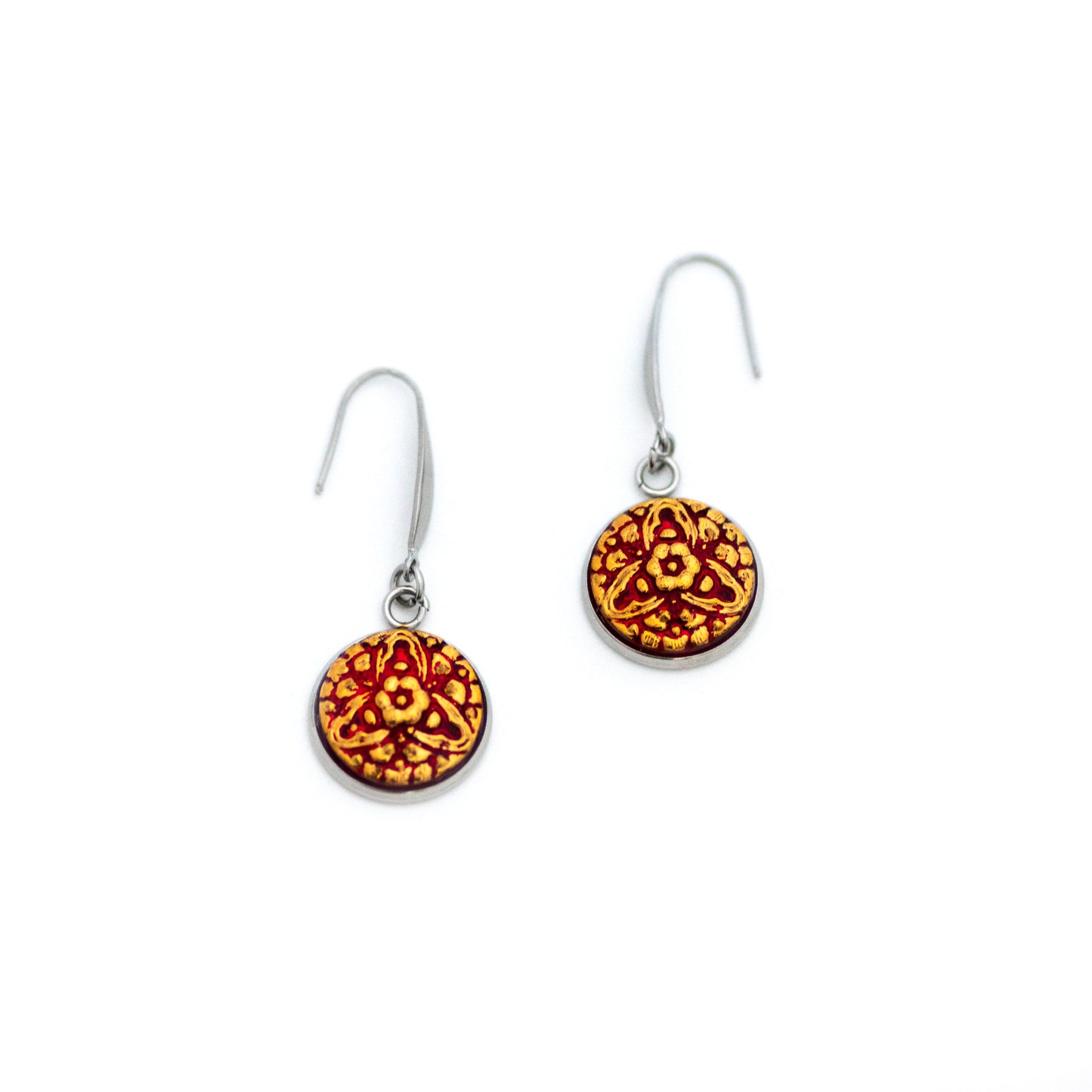Red and 24k gold painted Czech glass buttons dangle earrings.
