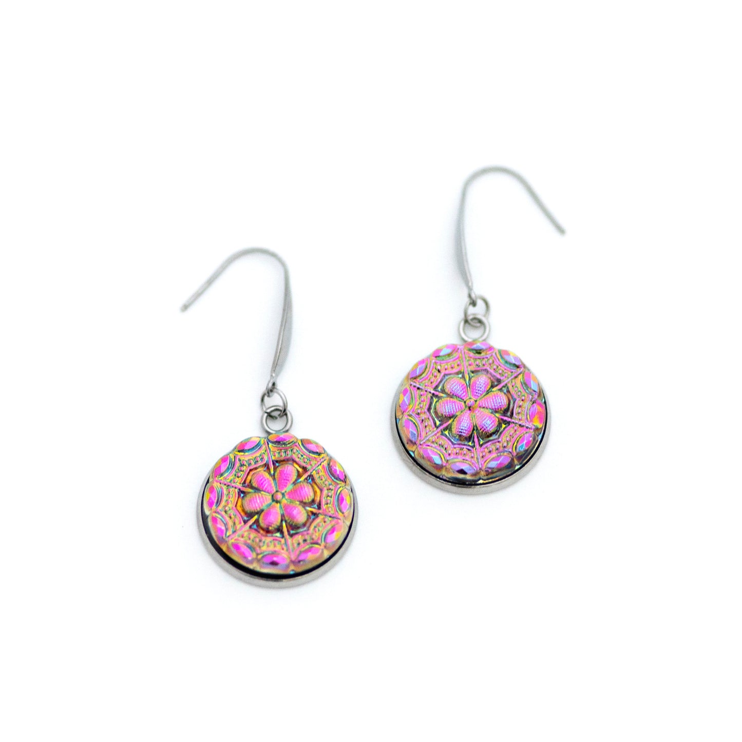 Flashy iridescent pink and green Czech glass buttons in antique relief. Dangle earrings.