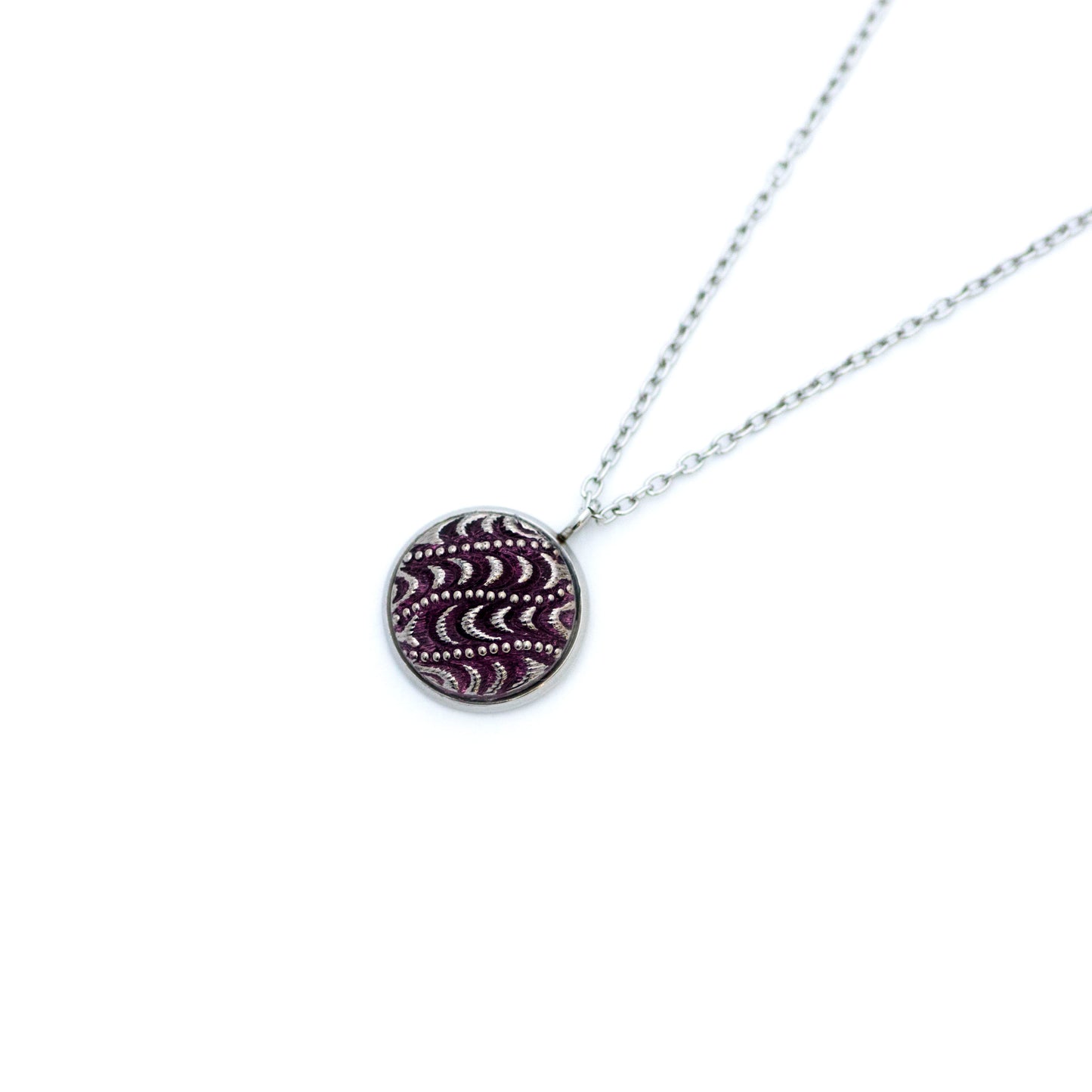 Purple and silver platinum painted Czech glass button with paisley pattern. Button pendant necklace.