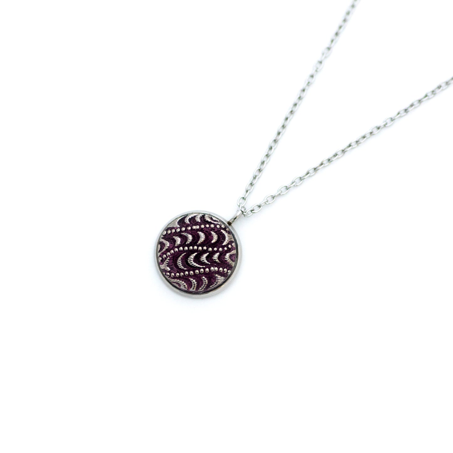 Purple and silver platinum painted Czech glass button with paisley pattern. Button pendant necklace.