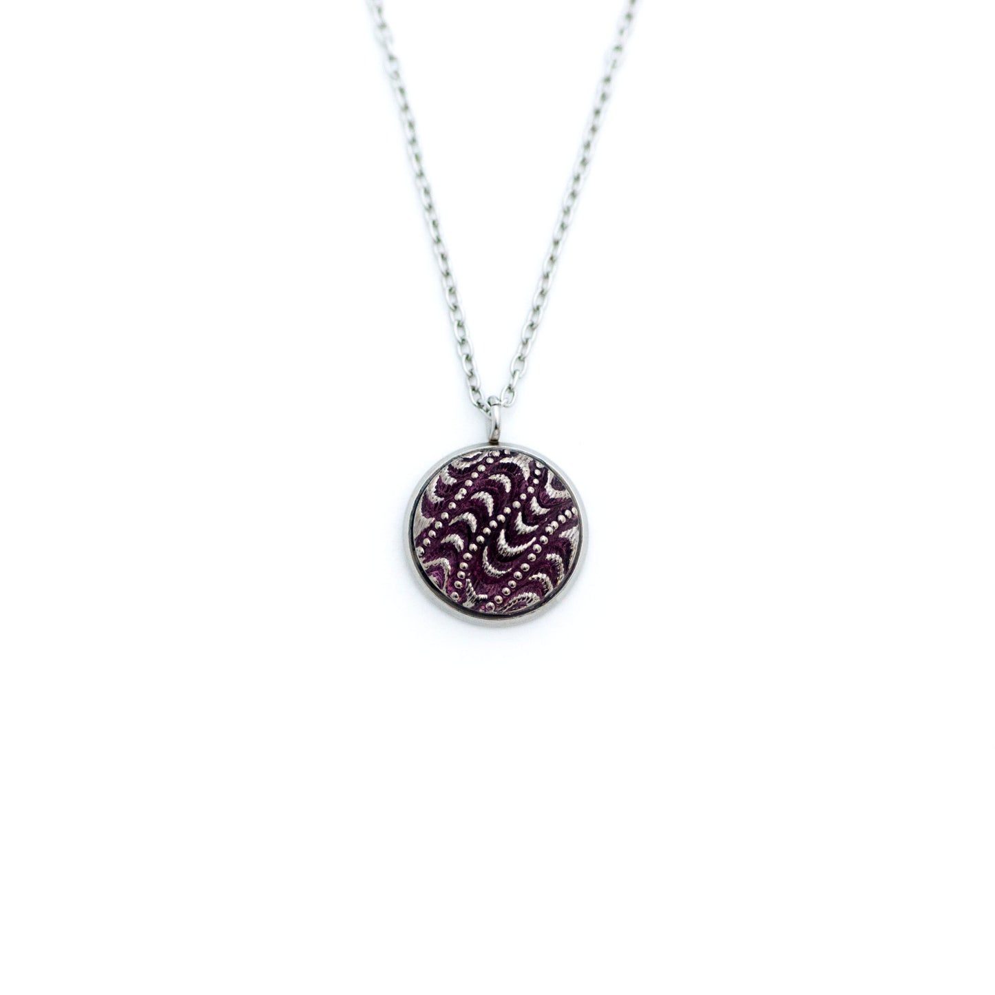 Purple and silver platinum painted Czech glass button with paisley pattern. Button pendant necklace.