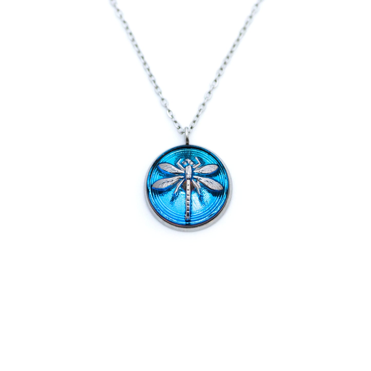 Czech Glass Button Necklace - Blue & Silver Dragonfly