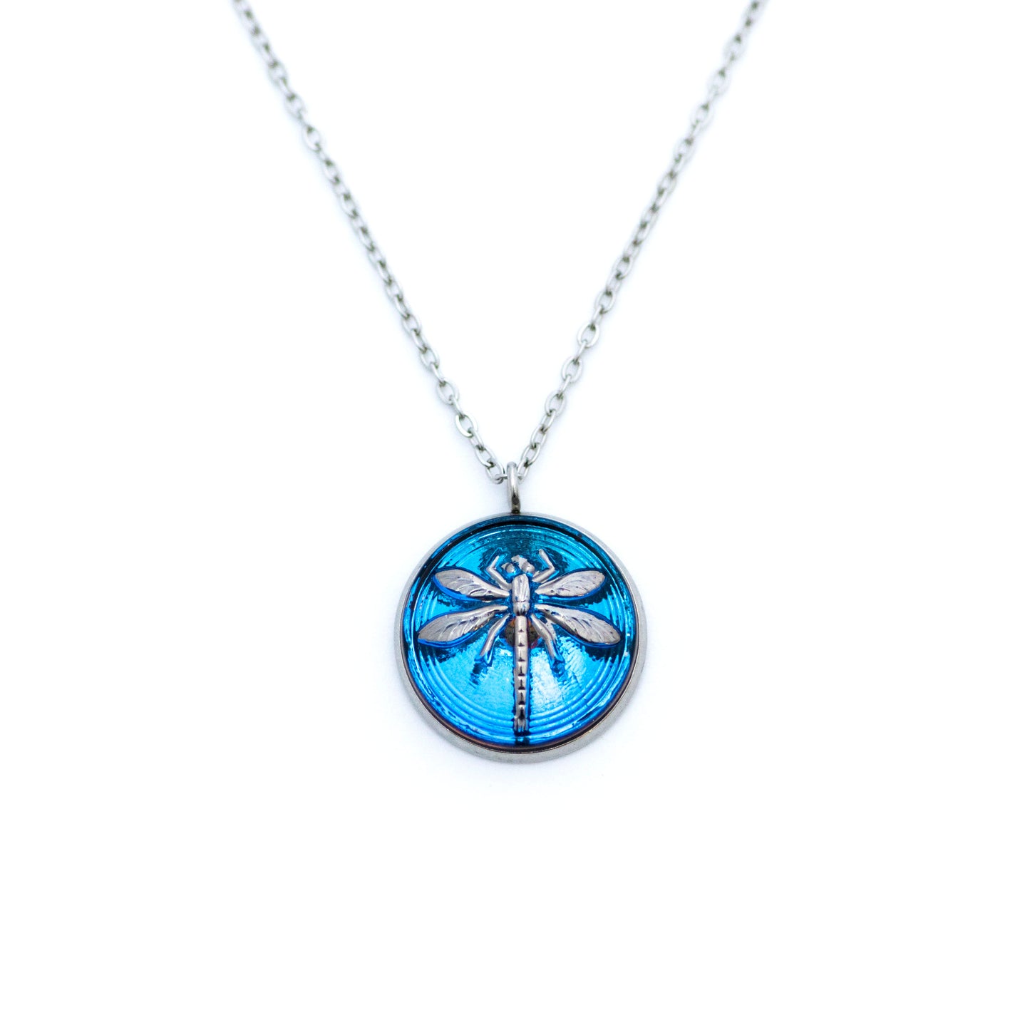 Czech Glass Button Necklace - Blue & Silver Dragonfly