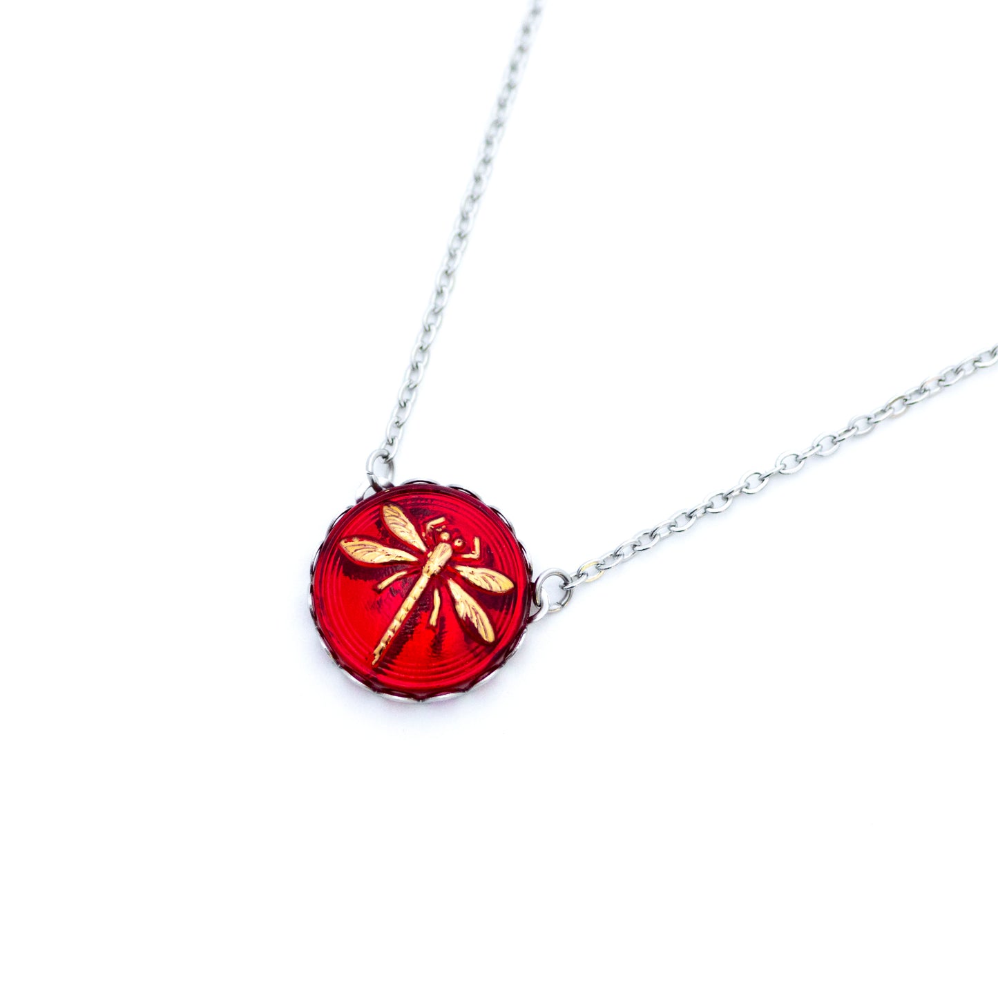 Red and 24k gold painted dragonfly art glass button. Button pendant necklace.