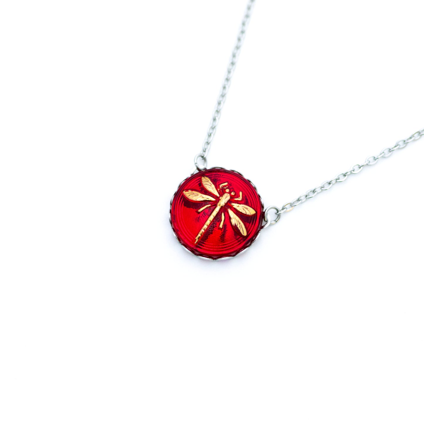 Red and 24k gold painted dragonfly art glass button. Button pendant necklace.
