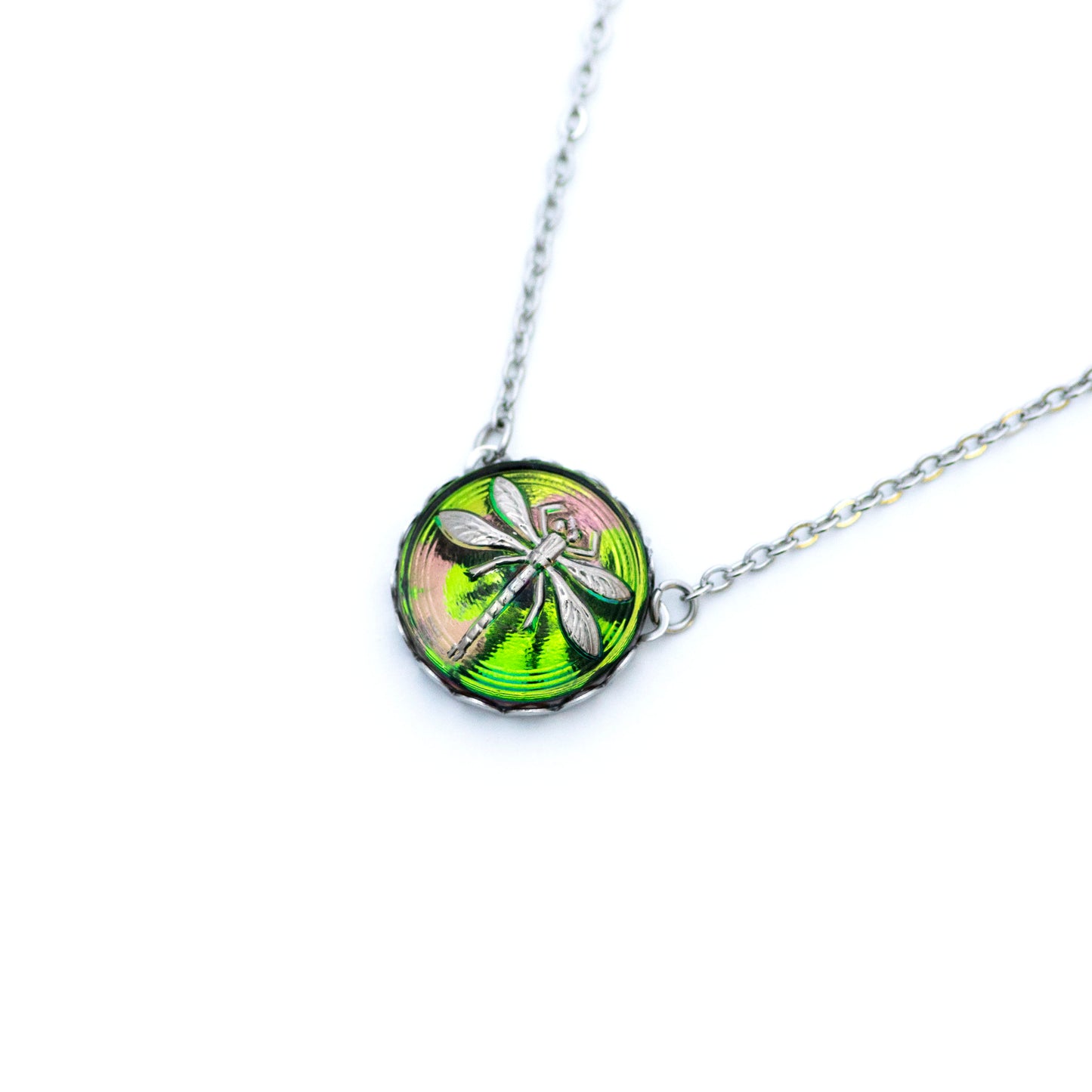 Green and silver platinum painted dragonfly Czech glass button. Button pendant necklace.