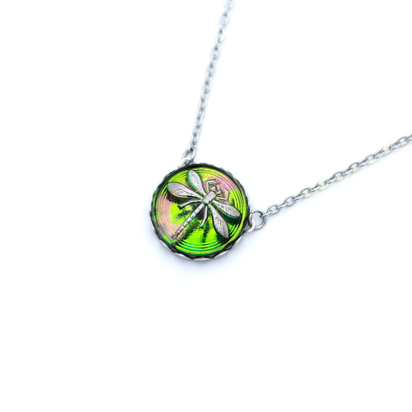 Green and silver platinum painted dragonfly Czech glass button. Button pendant necklace.
